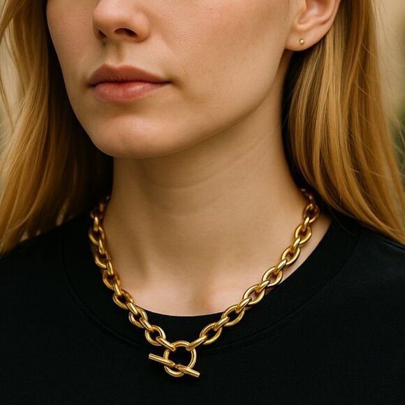 Classic OT Buckle Cable Chain Choker Necklace GoldTone TitaniumSteel 15" - Picture 1 of 12